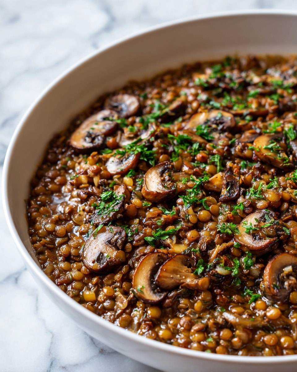 A close-up view of a thick stew served in a large white round pot, filled with a mix of small lentils and brown mushroom slices. The base layer is a rich, brownish sauce with a slightly glossy texture, visible throughout. The top layer is sprinkled with fresh green herbs, adding a touch of color contrast. The lentils add a small, rounded texture while the mushrooms are soft and slightly browned. The pot sits on a white marbled surface, enhancing the warm tones of the dish. photo taken with an iphone --ar 4:5 --v 7