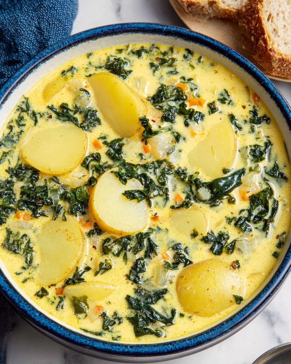The image shows a top view of a red-handled pot filled with a thick vegetable soup in two stages. In the first stage, there is a yellow-orange broth with visible chunks of vegetables like carrots and potatoes, topped with a large pile of chopped dark green leafy vegetables in the center, floating on top of the soup. In the second stage, the leafy greens are cooked down and the broth looks mixed with white creamy swirls, giving the soup a lighter, mixed texture with the vegetables and greens evenly distributed throughout. The pot sits on a black cooktop contrasted with a white marbled surface beside it. Photo taken with an iphone --ar 4:5 --v 7