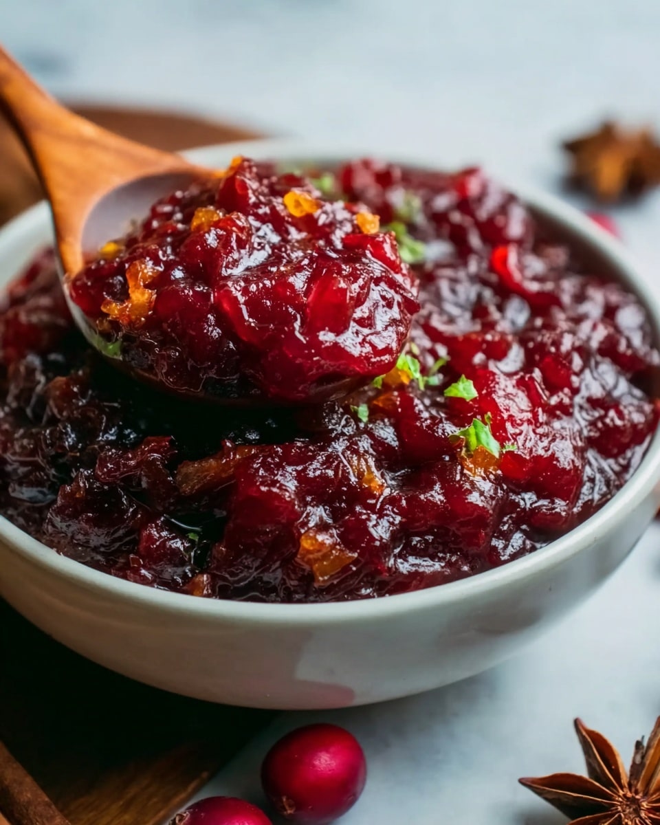 A close-up of a bowl filled with thick, chunky cranberry sauce showing rich deep red and brown hues with glossy textures. The sauce has visible whole cranberries, small pieces of orange peel, and some green herbs folded into the mix, creating a textured, slightly wet surface. The bowl is white and set on a white marbled background. Next to the bowl is a wooden spoon holding a scoop of the same sauce, showcasing its glossy, sticky consistency. Around the bowl, cinnamon sticks and star anise spices are slightly blurred but visible, adding a warm, festive feel. photo taken with an iphone --ar 4:5 --v 7