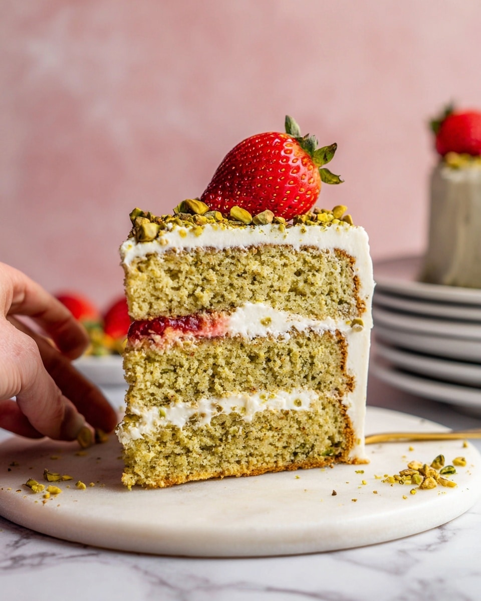 The image shows a slice of a three-layer pistachio cake with creamy white frosting covering the outside. The cake layers have a light green color with small pistachio bits, and between each layer, there is a thick white frosting layer and a thin layer of red strawberry jam. The top of the slice is decorated with a whole red strawberry, and the cake is on a white round marble serving board with some crushed pistachios sprinkled around. In the background, there are stacked white plates with a woman's hand holding the cake slice from the side, all set on a white marbled surface with a soft pink wall behind. photo taken with an iphone --ar 4:5 --v 7