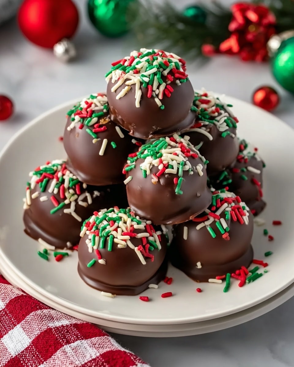 A white plate holds a stack of seven round chocolate balls, each covered in smooth, shiny dark chocolate. On top of the balls and scattered around the plate are red, green, and white sprinkles in thin stick shapes, adding a festive touch. The chocolate balls are evenly coated with a glossy texture that catches the light softly. The plate sits on a white marbled surface with festive red and green Christmas decorations and a red and white checkered cloth nearby. photo taken with an iphone --ar 4:5 --v 7