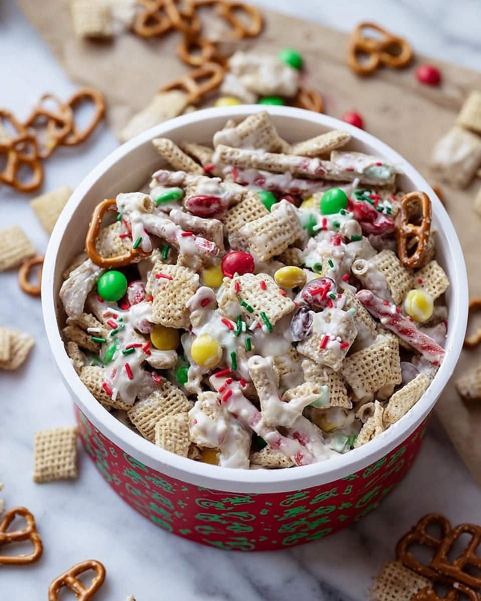 The image shows a festive snack mix inside a white, round container with a red and green patterned edge. The mix has three main layers visible: the base layer consists of light tan crunchy cereal squares and small round cereal loops; the middle layer includes small pretzel sticks and colorful candy-coated chocolate pieces in red, green, and yellow; the top layer is covered in a white coating that looks like melted white chocolate or yogurt, binding the ingredients together with some red, green, and white sprinkles scattered throughout. In the background, on a white marbled surface, there are more pieces of the snack mix visible. photo taken with an iphone --ar 4:5 --v 7