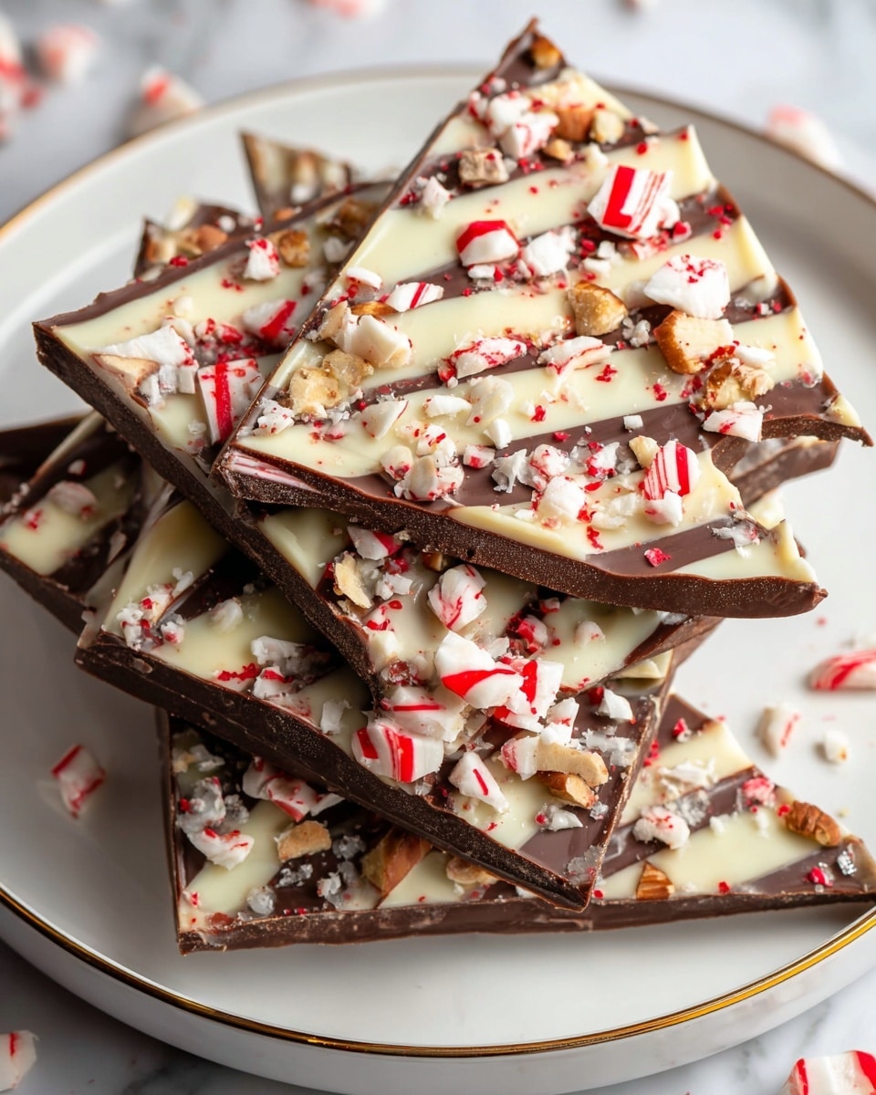 A stack of triangular chocolate bark pieces sits on a white plate with a thin gold rim, placed on a white marbled surface. Each piece shows a dark brown chocolate base layer topped with diagonal stripes of creamy white chocolate. Scattered on top are crushed peppermint candy pieces in red and white, along with small chunks of white candy and bits of nuts, adding texture and color contrast to the smooth chocolate layers. The chocolate pieces are neatly stacked, allowing the layers and toppings to be clearly visible. photo taken with an iphone --ar 4:5 --v 7