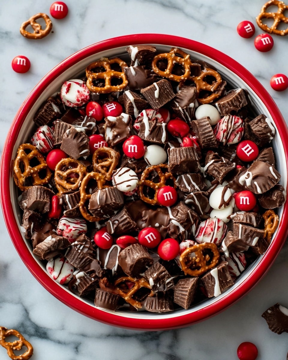 A close-up view of a white bowl filled with a holiday snack mix that has multiple layers: the base layer consists of chocolate-covered pretzels and small chocolate clusters drizzled with white chocolate, showing a mix of dark and light brown textures with glossy and matte finishes. On top of this, there are scattered bright red candy-coated chocolates adding vibrant pops of color. The top layer includes small, round peanut butter cups with ridged edges, all spread evenly across the mix, creating a rich and festive look. The bowl sits on a white marbled surface, enhancing the contrast of the snack colors. Photo taken with an iphone --ar 4:5 --v 7