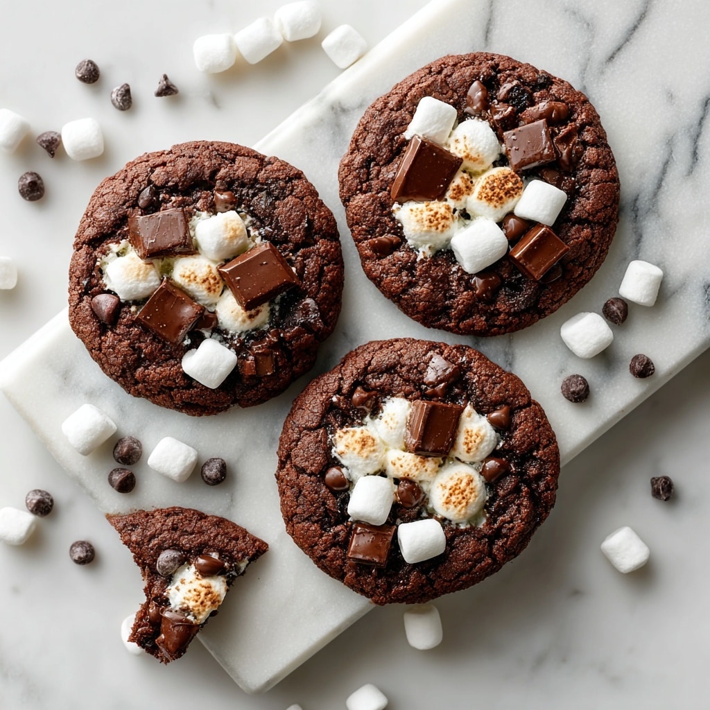 Three dark brown chocolate cookies with visible textures and cracks lie on a white marble board with a handle. Each cookie is topped with small white marshmallows scattered unevenly and some larger toasted marshmallows that show a light golden brown. There are also chunks of dark chocolate embedded in the cookies. Around the board on the white marbled surface, there are more cookies and scattered marshmallows, adding to the casual setup. A white bottle is partially visible in the top right corner. The lighting is soft and natural, highlighting the rich textures of the cookies. photo taken with an iphone --ar 4:5 --v 7