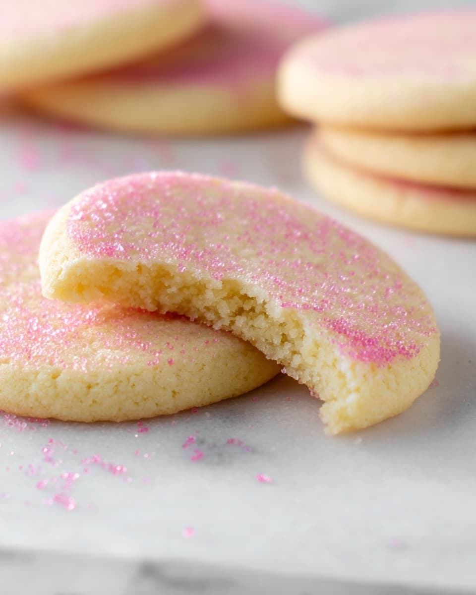 A close-up of thin round cookies with a smooth, pale yellow top surface and light pink sugar crystals evenly coating the edges, arranged on a white marbled surface. One cookie in the center has a large bite taken out, showing a soft, crumbly texture inside. Two whole cookies overlap beneath the bitten one, and more cookies are softly blurred in the background. Photo taken with an iphone --ar 4:5 --v 7