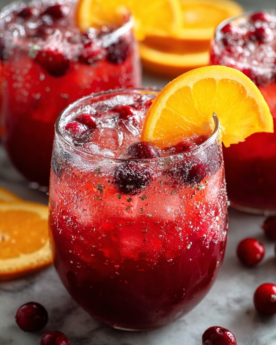 A clear glass filled with a red, bubbly drink that has a deep gradient from dark to light red from bottom to top, layered with small red and dark cranberries floating on the surface, and crushed ice mixed throughout giving a frosty texture; the glass is garnished with a bright orange slice placed on the rim. The scene includes more similar glasses in the background with the same drink, some orange slices scattered around, all set on a white marbled surface. photo taken with an iphone --ar 4:5 --v 7