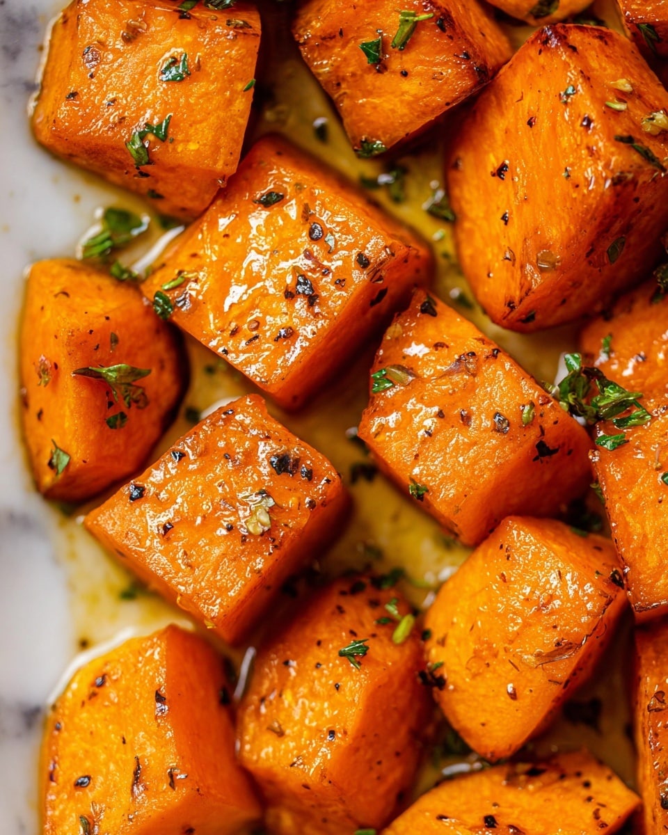 Close-up of thick, bright orange, roasted sweet potato chunks arranged closely together. Each piece is glossy with a shiny coating of oil or glaze, showing a slightly crispy texture on the edges and sprinkled with small bits of green herbs and black pepper. The pieces sit on a white marbled surface that has a light pooling of oil between them. The overall look is warm and fresh, highlighting the juicy, tender interior of the sweet potatoes. photo taken with an iphone --ar 4:5 --v 7