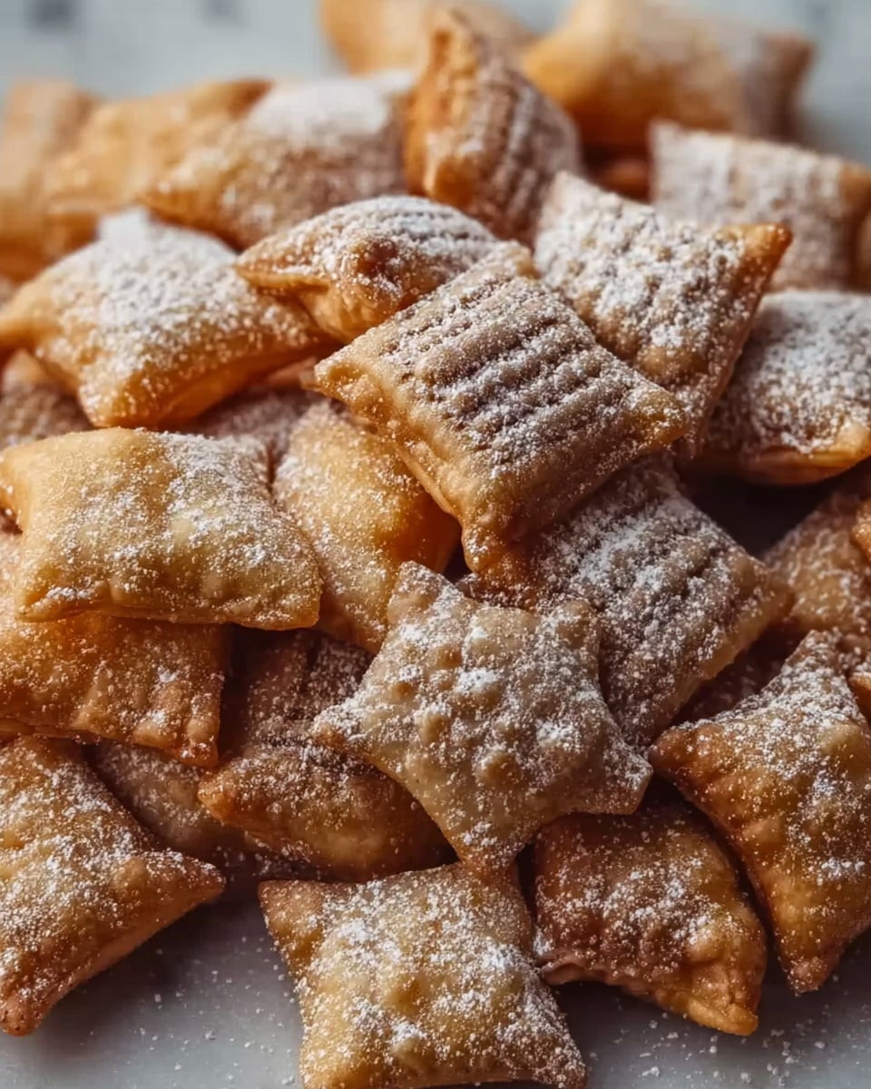 The image shows a close-up of many small, square-shaped fried pastries piled together. Each piece has a golden-brown color with a crisp and slightly bumpy texture. Some pastries have a grid pattern, and most are covered with a thin layer of powdered sugar, giving a white dusted look on the warm, fried surface. They sit on a white marbled surface, making the golden color stand out clearly. photo taken with an iphone --ar 4:5 --v 7