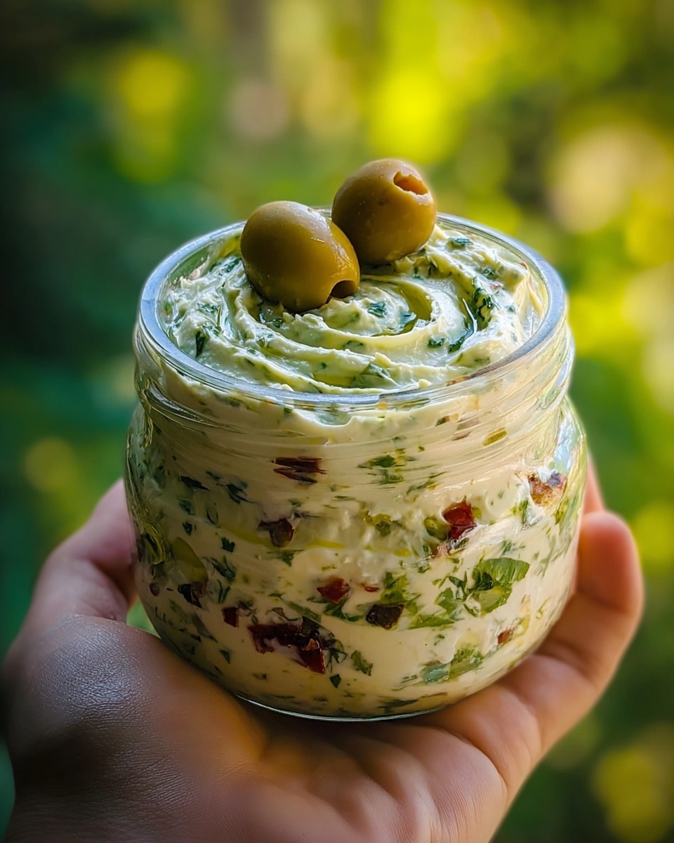 A close-up image of a small clear glass jar filled with a creamy white spread mixed with green herbs and small red bits, layered unevenly inside the jar. The top layer is swirled with oil and topped with two green olives. The jar is held by a woman's hand against a soft-focus green natural background. photo taken with an iphone --ar 4:5 --v 7