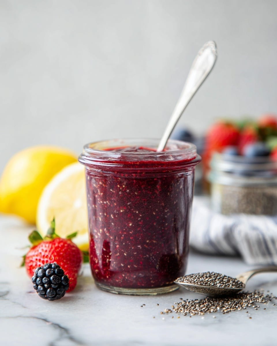 A clear glass jar filled with thick, deep red chia seed jam with visible tiny seeds suspended evenly throughout. A silver spoon is sticking out from the jar, placed on a white marbled surface. In the front left, there are fresh fruits including a halved strawberry showing its bright red inside and a small blackberry. Just behind the jar, there is a half lemon with light yellow flesh and another clear jar containing chia seeds in the background. A scattering of loose chia seeds is visible near a spoonful of them on the right side. The background features a soft focus of blurred mixed fresh berries and a white striped cloth, all placed on the white marbled surface. Photo taken with an iphone --ar 4:5 --v 7