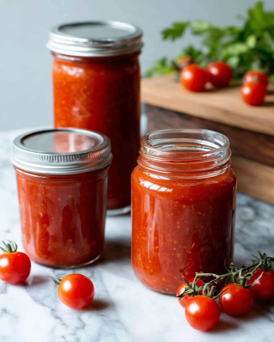 Three clear glass jars of different sizes are filled with bright red tomato sauce, showing a slightly thick texture with small tomato bits visible inside. The jars have silver lids, two tightly closed and one open, placed in front. Around the jars, there are several small, shiny red cherry tomatoes, some attached to green stems, arranged casually on a white marbled surface. A leafy green herb is glimpsed in the background on a wooden board. The whole scene has soft, natural light highlighting the glossy texture of the sauce and the fresh tomatoes. Photo taken with an iphone --ar 4:5 --v 7