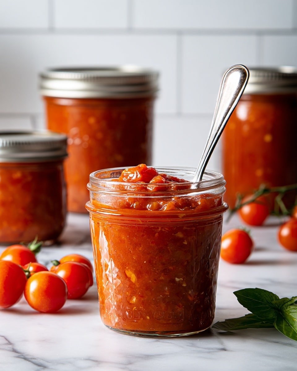 A small clear glass jar filled with thick, chunky red tomato sauce with visible tomato pieces on top, a silver spoon sticking out from the jar's right side. The jar is placed on a white marbled surface scattered with fresh bright red cherry tomatoes and a few green basil leaves near the bottom right. Behind this jar are three more jars filled with the same tomato sauce, varying in size, all with metal lids, slightly out of focus. The background has a white tiled wall that adds a clean and simple kitchen feel. photo taken with an iphone --ar 4:5 --v 7