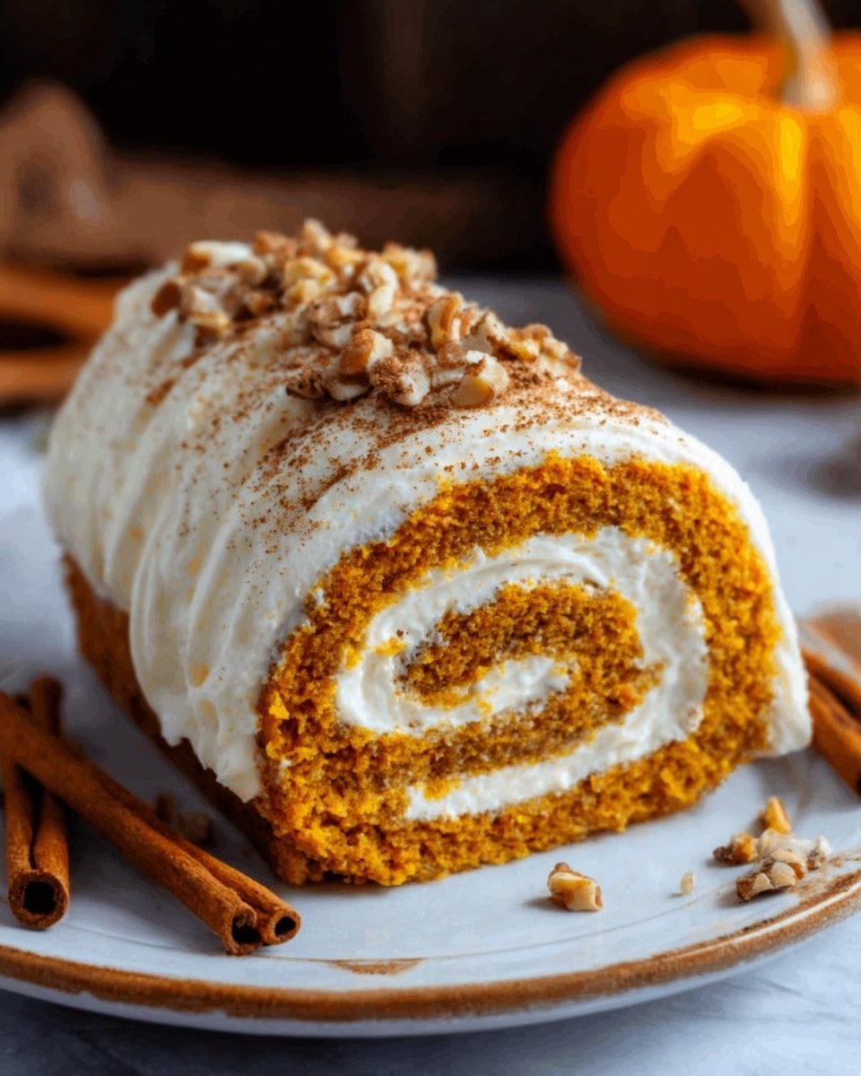 A pumpkin roll cake on a white plate with light brown edges, sitting on a white marbled surface. The cake has one visible thick layer of bright orange pumpkin sponge rolled around a thick, creamy white filling in spiral layers. It is topped with a generous layer of smooth, white frosting sprinkled with cinnamon and small toasted nut pieces. In the background, a blurred pumpkin and cinnamon sticks add to the autumn feel. photo taken with an iphone --ar 4:5 --v 7