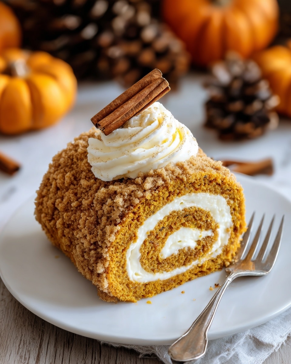 A pumpkin roll cake is shown on a white plate with a silver fork beside it. The roll has three main layers: a soft, moist golden-brown pumpkin cake layer that is rolled tightly with a thick, creamy off-white cream cheese filling spiraled inside. The outer cake layer is crumb-coated with bits of pumpkin cake crumbs, giving it a rough texture. On top, there is a swirl of white whipped cream at the center, decorated with two cinnamon sticks placed diagonally. The background shows out-of-focus pumpkins and pine cones on a white marbled surface. photo taken with an iphone --ar 4:5 --v 7