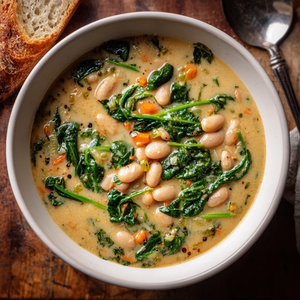 A close-up of a bowl filled with thick creamy soup containing white beans, small orange carrot pieces, and bright green leafy spinach. The soup has a smooth, slightly chunky texture with a light beige base. The bowl is round and white with a brown rustic rim, placed on a wooden board. Next to it is a simple old spoon with a worn handle. In the background, another bowl with more soup is partially visible, along with a white cloth and a white bowl holding dry white beans, all on a white marbled surface. Photo taken with an iphone --ar 4:5 --v 7