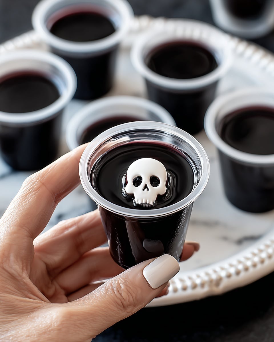 A close-up image shows a small clear plastic cup filled with a smooth, dark black jelly-like dessert. Inside the cup, floating near the top, is a small white skull-shaped decoration with hollow eye and nose holes, adding a spooky element. The woman's hand holding the cup is pale with neatly trimmed nails. In the background, there are several more similar cups filled with the same dark jelly, all sitting on a round white plate with a detailed edge, placed on a white marbled surface. Photo taken with an iphone --ar 4:5 --v 7