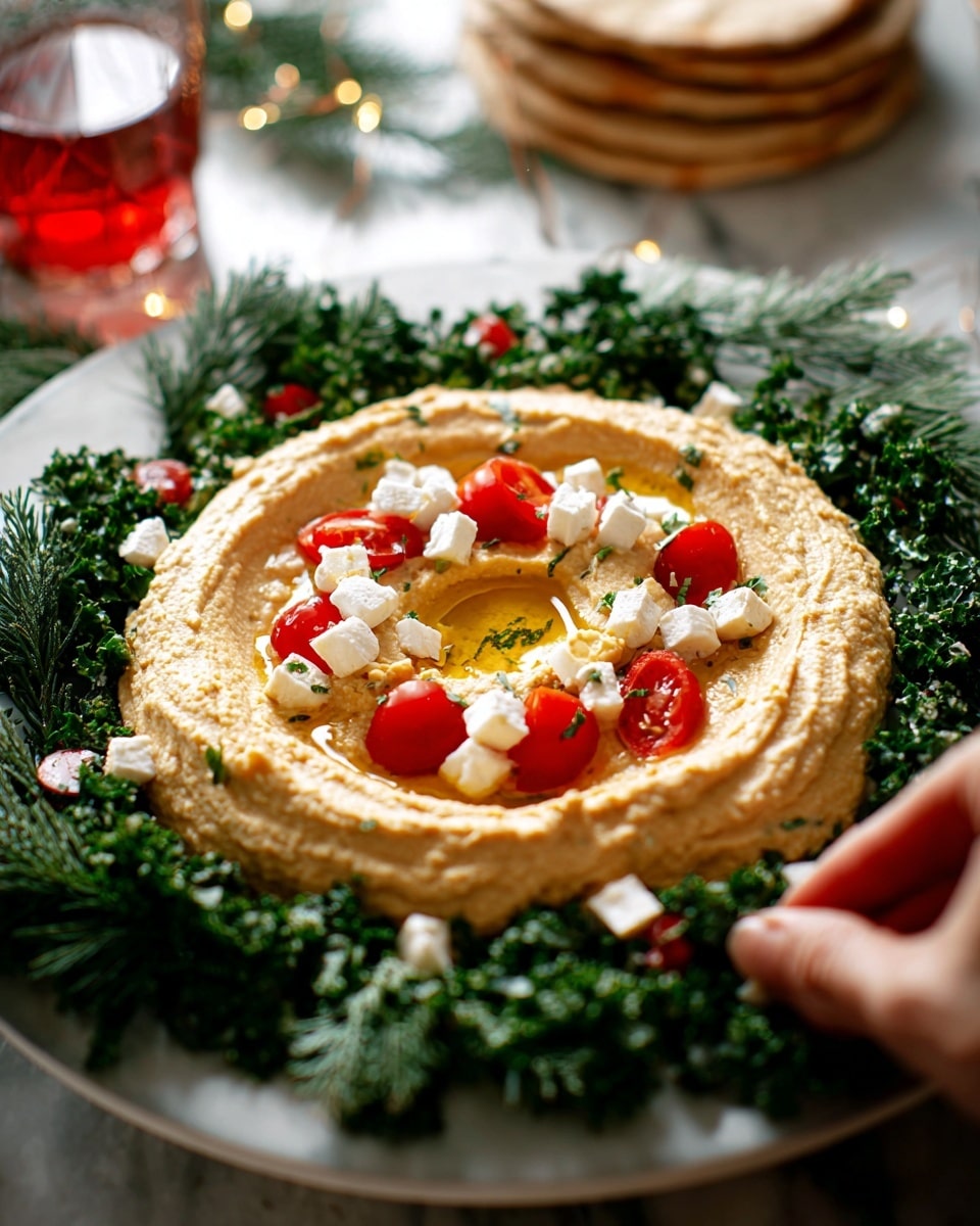 A white plate holds a single thick layer of smooth, light tan hummus spread in a circular shape with a round dip in the middle filled with golden olive oil and small red tomato pieces. A ring of finely chopped dark green herbs surrounds the middle dip, with scattered red cherry tomatoes and white feta cheese cubes on top of the hummus. The plate is decorated with green pine branches around the edge, placed on a white marbled surface. In the background, there is a stack of flatbreads and a glass of red liquid. photo taken with an iphone --ar 4:5 --v 7