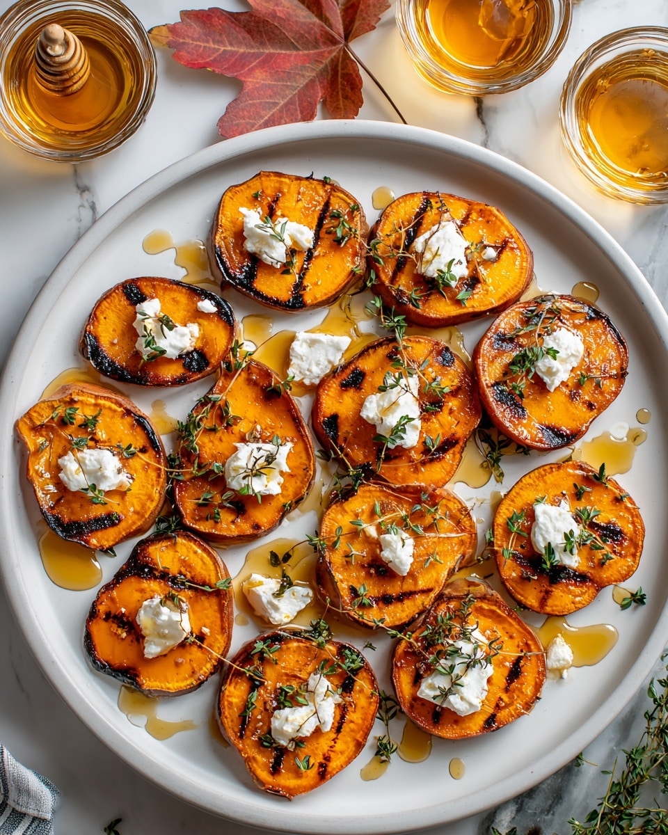A white round plate on a white marbled surface holds 12 grilled sweet potato slices arranged in a circular pattern. Each slice is vibrant orange with some charred brown grill marks and topped with small dollops of creamy white cheese. Light green thyme sprigs are sprinkled across the slices, adding a fresh touch. Golden honey or syrup is drizzled over the sweet potatoes, pooling slightly at the bottom, enhancing the glossy texture. A couple of autumn leaves and two glass containers filled with honey are placed on the marbled background. photo taken with an iphone --ar 4:5 --v 7