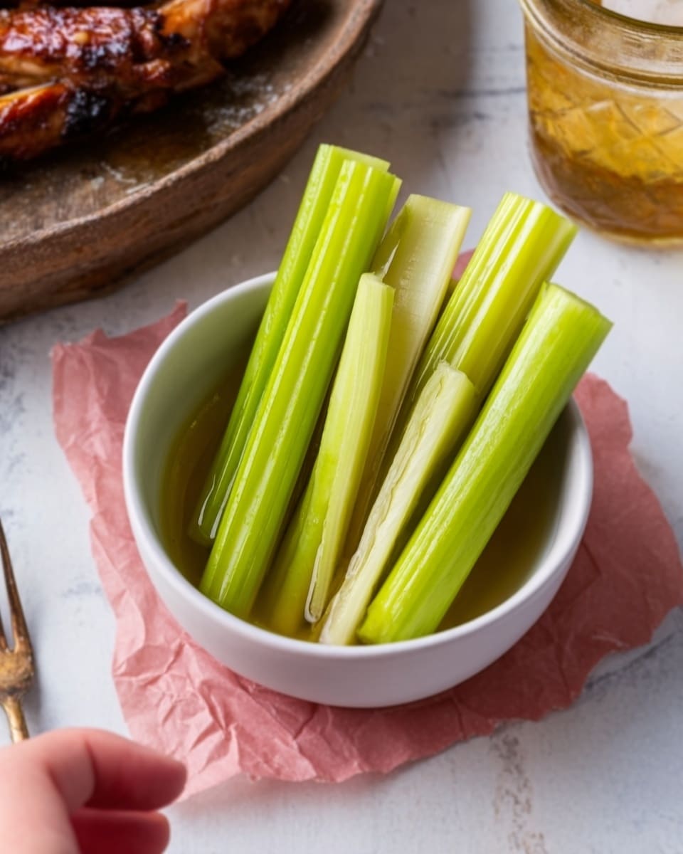 A white bowl filled with several long, thick celery sticks standing upright in a clear liquid, the celery is light green with a smooth texture. The bowl sits on a crumpled pale pink paper on a white marbled surface, with part of a grilled meat dish visible nearby. The scene includes a fork and a woman's hand reaching in from the bottom left. Photo taken with an iphone --ar 4:5 --v 7