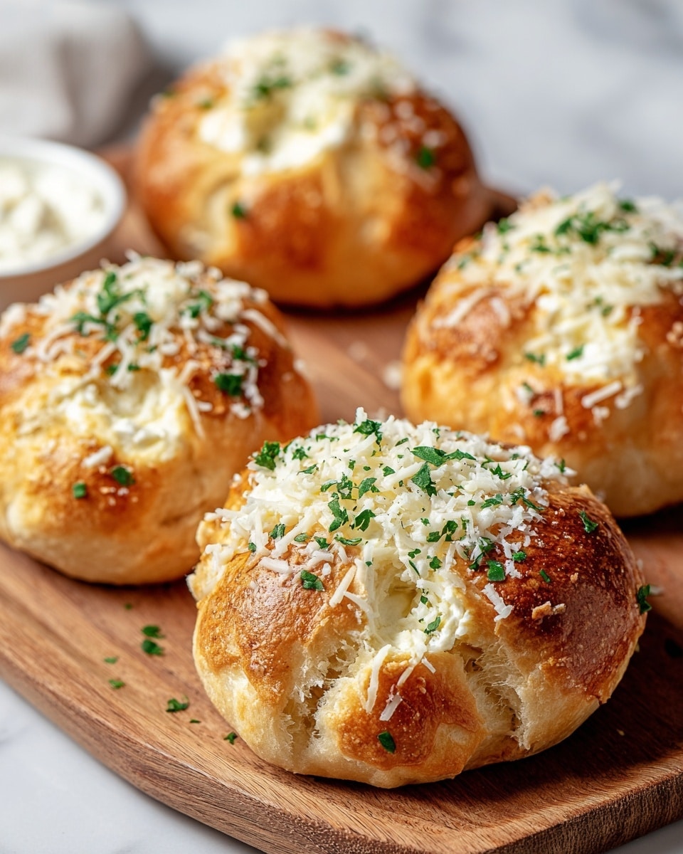 The image shows four small round bread rolls on a wooden board, each topped with a generous layer of shredded white cheese and sprinkled with chopped green herbs. The bread is golden brown with a soft, slightly shiny texture and has a visible opening on top revealing a creamy white filling inside. The cheese on top looks freshly melted with some dry grated cheese mixed in, creating a textured surface. The board with the rolls is placed on a white marbled surface, enhancing the warm and fresh appearance of the bread. photo taken with an iphone --ar 4:5 --v 7
