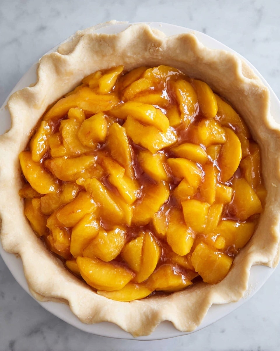 A close-up view of an unbaked pie with a white crust edge that looks soft and slightly uneven, filled with bright yellow-orange peach slices coated in a glossy, syrupy sauce. The peach pieces vary in size and shape, layered thickly inside the crust, with hints of red near the edges of some slices. The pie is set on a white marbled surface, highlighting the fresh fruit filling. Photo taken with an iphone --ar 4:5 --v 7