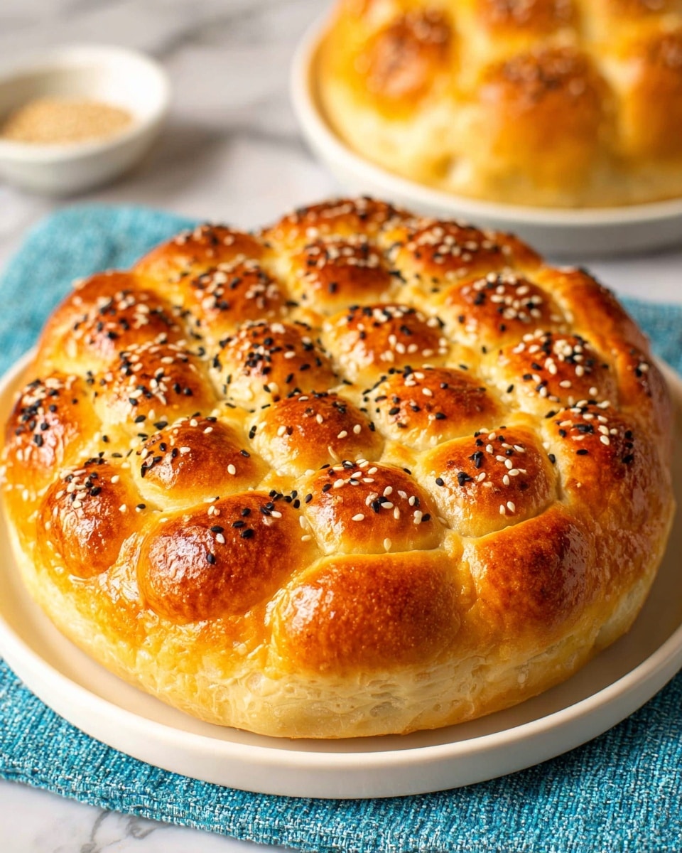 The image shows a round golden brown bread with a patterned top layer featuring a grid of raised puffy sections, each dimpled and shiny, sprinkled with white and black sesame seeds. The bread has a thick outer crust with a glossy finish and a soft, bubbly texture on top. It sits on a white plate with a corner of a blue cloth placed underneath the plate, all set on a white marbled surface. In the background, there is a second similar bread slightly out of focus. photo taken with an iphone --ar 4:5 --v 7