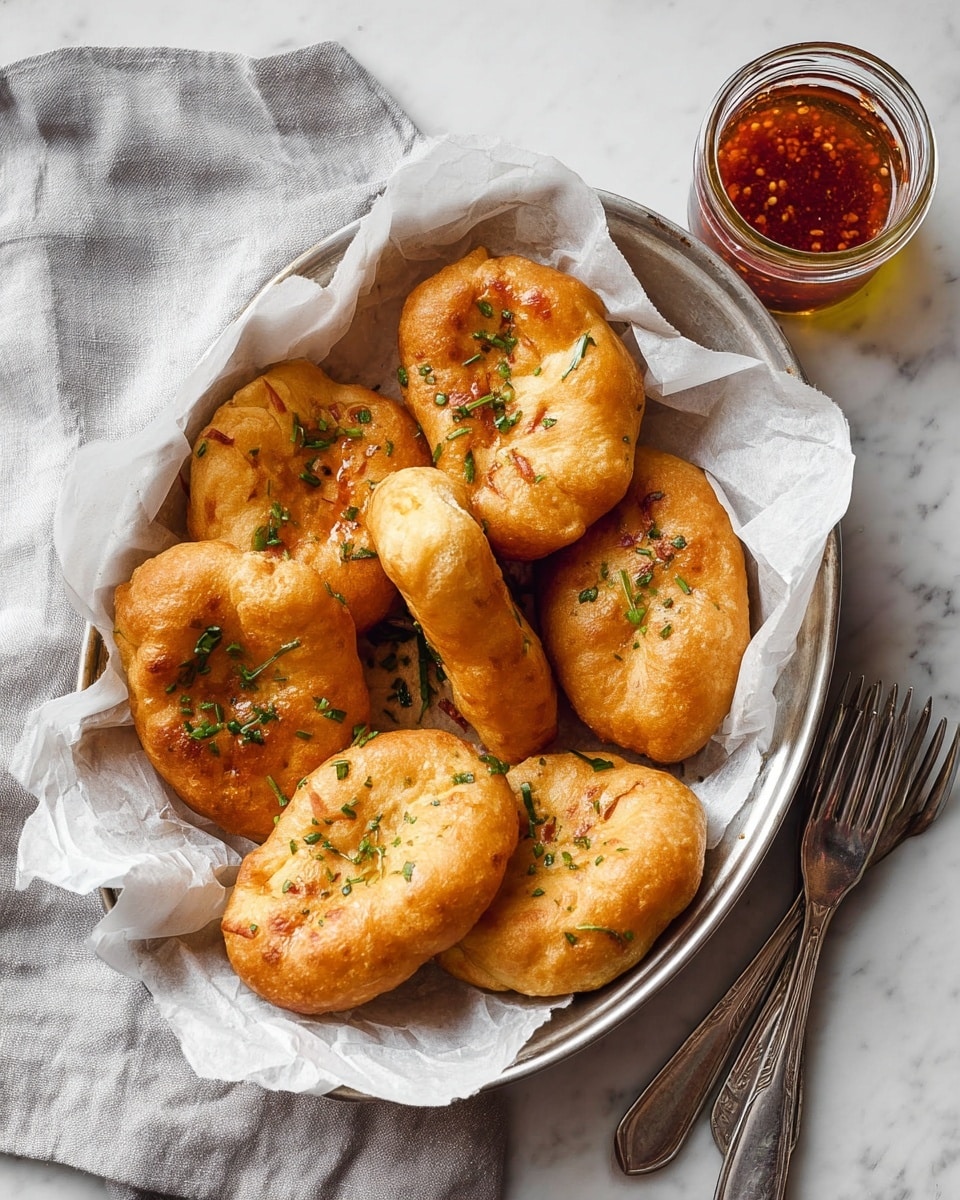 A round silver tray lined with white crumpled paper holds seven golden-brown fried breads scattered with small bits of green herbs on top, showing a fluffy texture and slightly shiny surface. The tray rests on a light gray cloth on a white marbled background. Above the tray is a glass jar of reddish-brown chili sauce with oil floating on top. At the bottom right, there are three silver forks placed on the white marbled surface. photo taken with an iphone --ar 4:5 --v 7