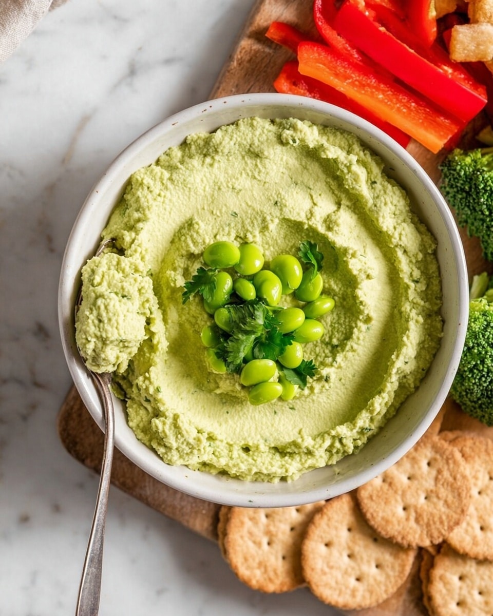 A white bowl filled with light green creamy hummus that has a smooth, slightly whipped texture. In the center of the hummus, there is a small pile of whole bright green edamame beans and a few sprigs of fresh green cilantro. A spoon with some hummus on it is resting on the left edge of the bowl. Around the bowl, there are whole wheat crackers and red bell pepper slices, as well as green broccoli florets on a wooden board. The background is a white marbled surface. photo taken with an iphone --ar 4:5 --v 7