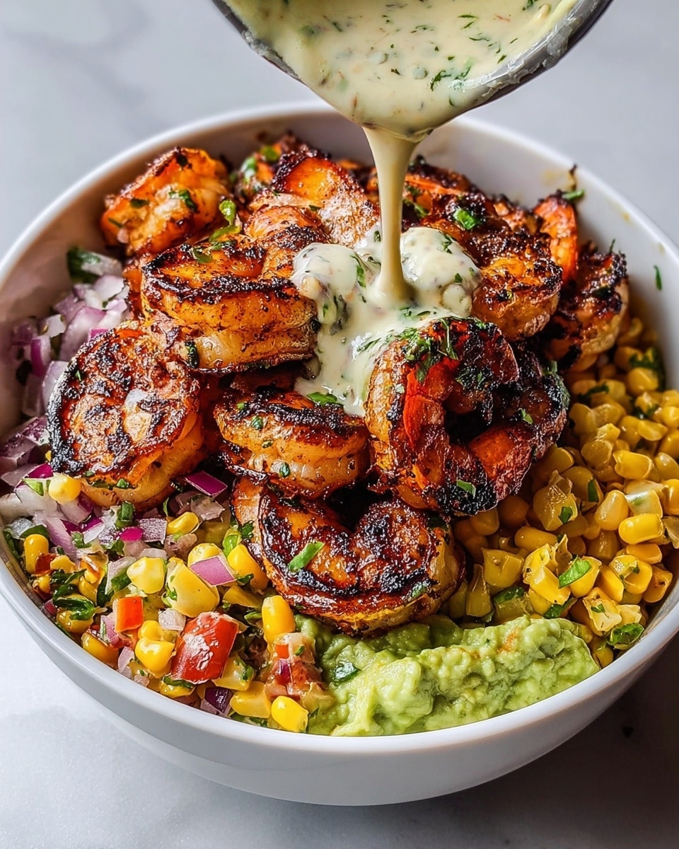 The dish in a white bowl shows three main sections: on the left is a colorful corn salsa with bright yellow corn kernels, small red and purple diced onions, bits of green herbs, and tiny pieces of red pepper. On the right side and center are several large grilled shrimp with a dark charred texture, deep orange and brown colors, arranged on top of each other. At the bottom right, there is a layer of smooth, green guacamole. Above the shrimp, a woman's hand holds a spoon dripping thick white sauce with green herbs over the shrimp. The bowl is set against a white marbled texture background. photo taken with an iphone --ar 4:5 --v 7
