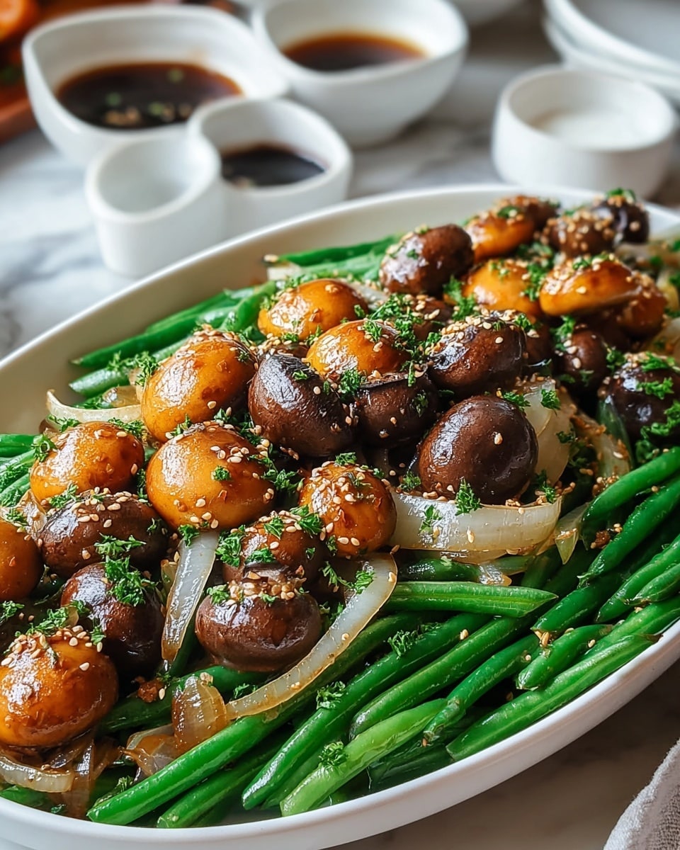 The dish is a colorful stir-fry served on a white oval plate with three main layers. The bottom layer consists of fresh green beans, bright and firm, laid out evenly. The middle layer is made of translucent, lightly cooked onions that add a soft texture and some shine. The top layer showcases golden-brown sautéed mushrooms of different sizes, some whole and some sliced, sprinkled with sesame seeds and finely chopped green herbs, likely parsley, adding a fresh pop of color. The plate sits on a white marbled surface, and in the background, there are small white bowls, one with dark soy sauce and another with a lighter brown liquid. Photo taken with an iphone --ar 4:5 --v 7