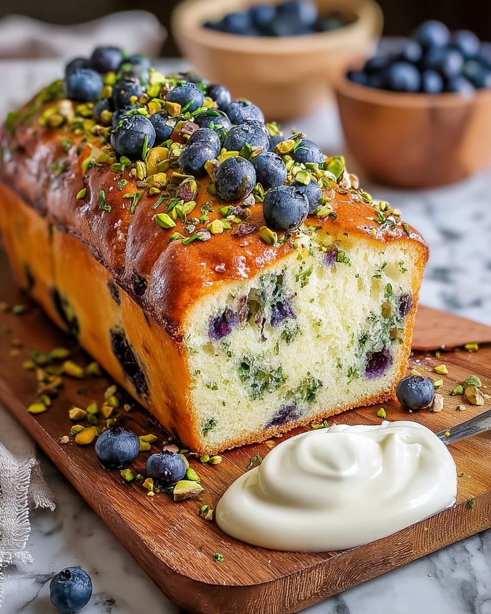 A golden brown loaf cake sits on a wooden board, showing one end sliced to reveal a soft, light interior dotted with green herb pieces. The top of the loaf is sprinkled with bright green chopped pistachios and flakes of sea salt, adding texture and color contrast. Scattered around the board are fresh blueberries and small sprigs of herbs, while a dollop of creamy white spread is placed near the front left corner. In the blurred background, a halved lemon and a bowl of blueberries add depth to the scene. photo taken with an iphone --ar 4:5 --v 7