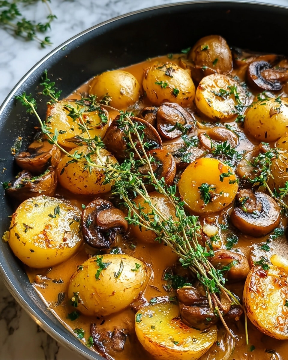 The image shows a close-up of a pan filled with cooked yellow baby potatoes cut in half, with their golden-brown, slightly crispy sides facing up, mixed with sliced brown mushrooms scattered around. The dish is covered in a light brown sauce, and fresh green herbs, including thyme sprigs, are spread on top, adding a vibrant touch. The textures range from smooth sauce to the crispy potato edges and soft mushrooms. The pan edges are black, and the scene is set against a white marbled texture. Photo taken with an iphone --ar 4:5 --v 7