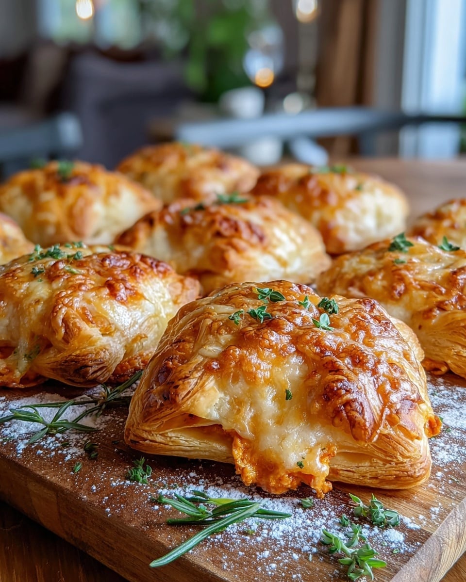Golden brown puff pastries are arranged closely on a wooden board dusted with flour. Each pastry has a crispy, flaky texture with layers folded over a light orange filling that peeks through slightly. The top layer is bubbly and melted with browned cheese adding a shiny glaze. Small green herb leaves are sprinkled on top of the pastries and also placed around them on the board. The background shows a cozy indoor setting softly blurred. photo taken with an iphone --ar 4:5 --v 7
