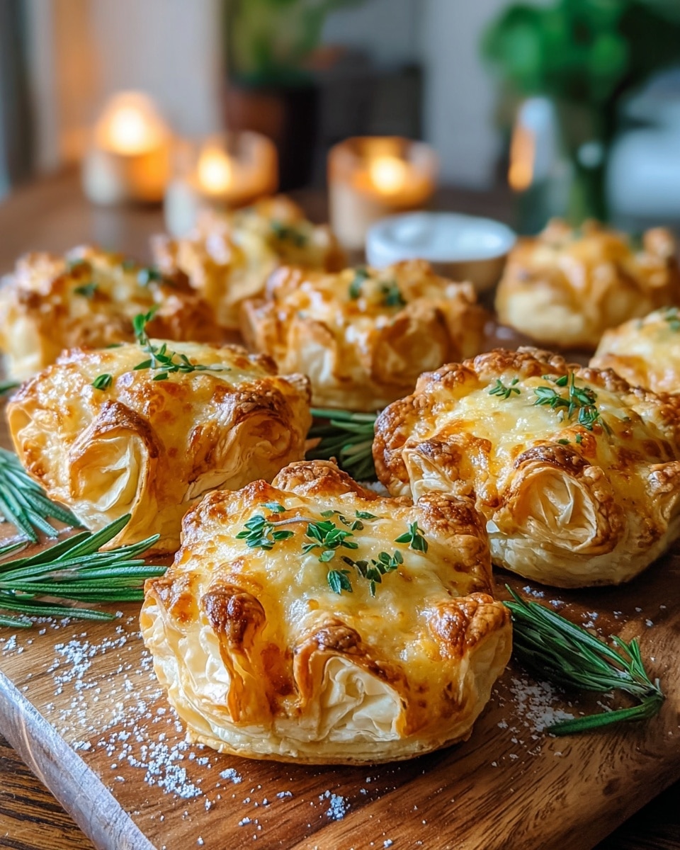 This image shows several small round baked pastries arranged closely on a wooden board. Each pastry has a golden-brown, flaky puff pastry base with folds creating a ruffled edge. On top, there is a bubbly layer of melted cheese that is browned in spots, giving a crispy texture. Small green herb leaves are scattered on the cheese layer adding color and freshness. Some powdered seasoning or flour is dusted lightly on the board around the pastries. Fresh green rosemary sprigs lie beneath the pastries as decoration. The background shows a soft, warm light with blurred kitchen elements and small candles. photo taken with an iphone --ar 4:5 --v 7