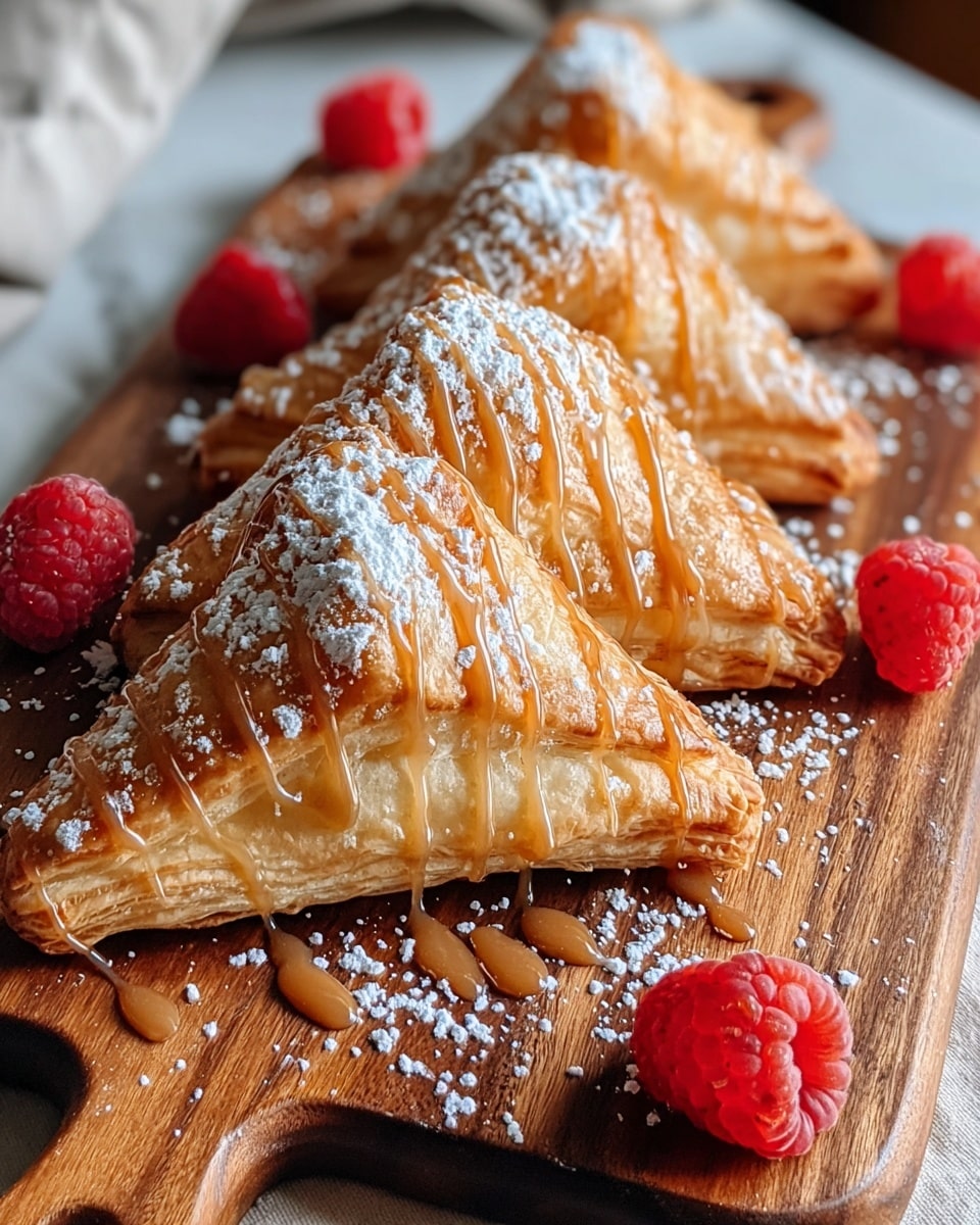The image shows four golden-brown triangle-shaped pastries with flaky, crispy layers clearly visible. Each pastry is covered with a light dusting of powdered sugar on top, adding a soft white contrast to the warm golden hues. The pastries are arranged closely on a wooden board with a few red raspberries and small pieces of orange fruit placed around them for decoration. The background is softly blurred, showing a white textured cup and a white bowl filled with whipped cream, all set on a white marbled surface. The pastries appear warm, flaky, and inviting, with their many thin layers of dough showing texture and depth. photo taken with an iphone --ar 4:5 --v 7