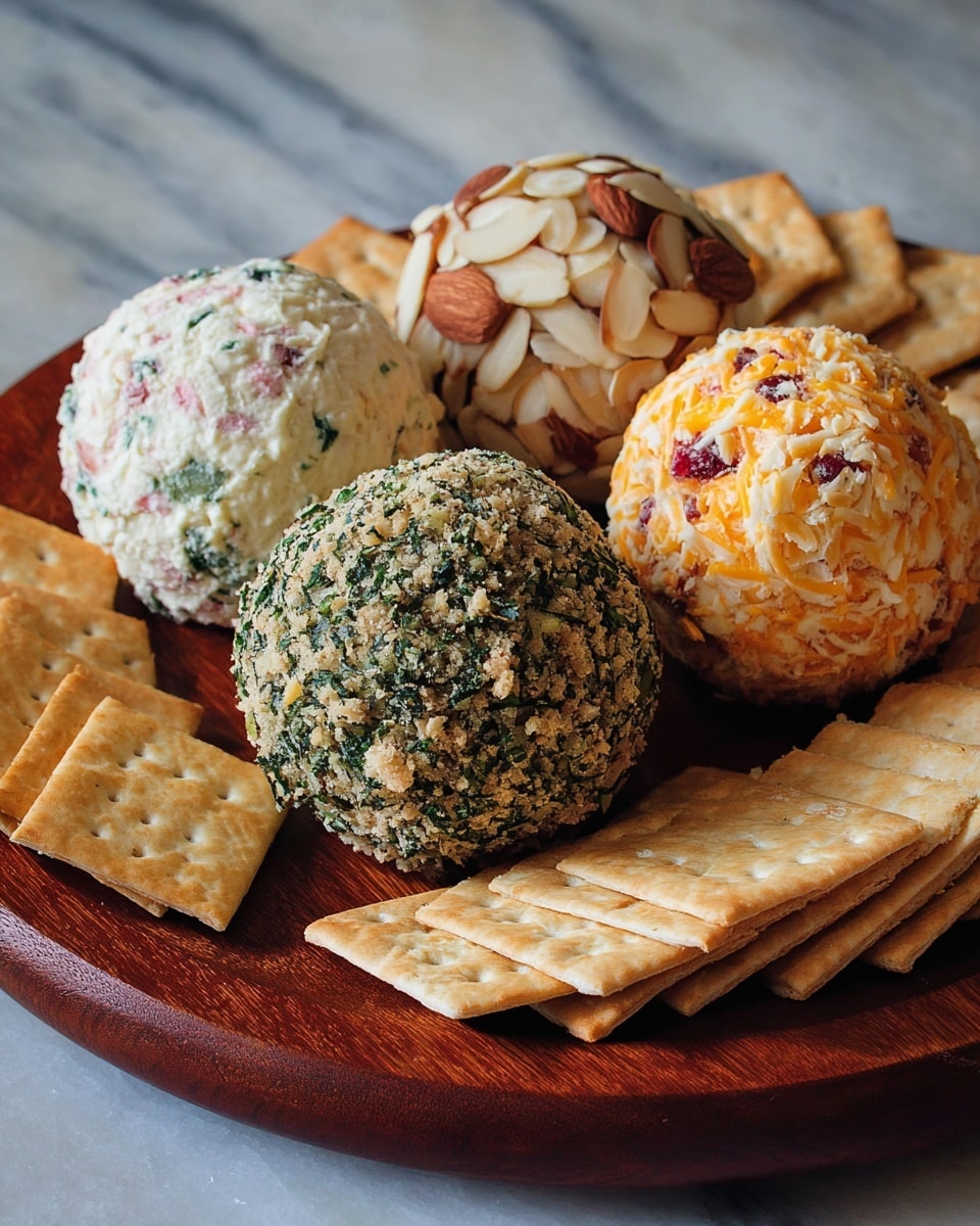 Four round cheese balls are arranged in a square shape on a wooden board. The top left cheese ball is white with small bits of red and green mixed in, giving it a creamy, speckled look. The bottom left cheese ball is coated with finely chopped green herbs, making it look textured and fresh. The bottom right cheese ball is covered in shredded bright orange cheddar cheese. The top right cheese ball is covered with thin almond slices, showing a mix of cream and brown colors. Around the cheese balls, there are two types of white crackers: round crackers form a border around the top and right edges, while square crackers cover the left side and bottom curve of the board. The whole setup sits on a white marbled textured surface. photo taken with an iphone --ar 4:5 --v 7