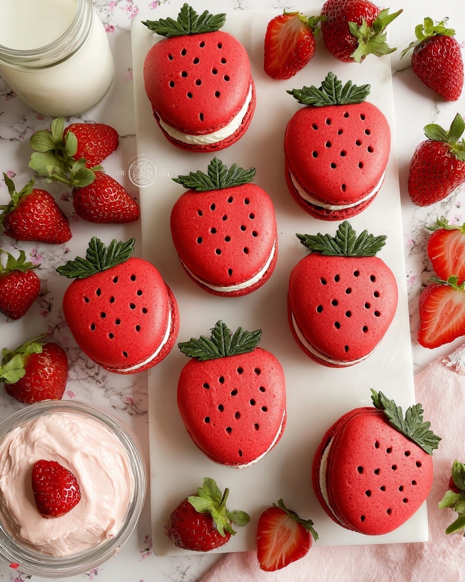 The image shows six strawberry-shaped red macarons arranged on a white marble slab. Each macaron has small holes and is topped with fresh green strawberry leaves, giving a natural strawberry look. Between the two red cookie layers of each macaron, there is a creamy white filling visible at the edges. Around the slab, fresh whole strawberries and strawberry halves are scattered, adding bright red accents. There is also a white container filled with milk on the left and a clear glass bowl of pale pink strawberry cream topped with a strawberry half on the lower right. The background is a white marbled surface. photo taken with an iphone --ar 4:5 --v 7