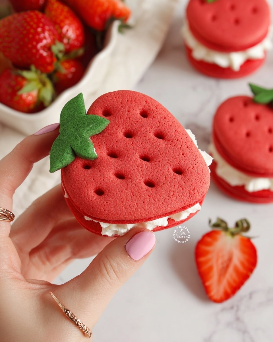 The image shows a close-up of a red strawberry-shaped sandwich cookie being held by a woman's hand with light pink nail polish and a ring. The cookie has two smooth, bright red layers with small holes on the surface, stacked with a thick middle layer of white cream filling. A green strawberry leaf decorates the top cookie layer. In the background, there are more identical strawberry-shaped cookies and fresh halved strawberries placed on a white marbled surface. photo taken with an iphone --ar 4:5 --v 7