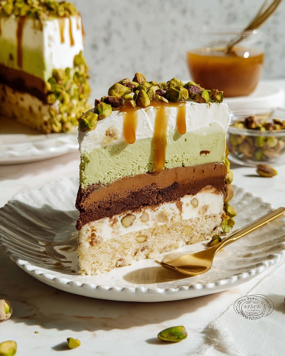 A slice of layered cake sits on a white scalloped plate with a gold and white spoon beside it, placed on a white marbled surface. The cake has four layers: the bottom layer is a light beige sponge with small nut pieces, the second layer is a thick dark brown chocolate mousse, the third layer is a light green pistachio mousse, and the top layer is white cream with a smooth texture. Dripping caramel sauce cascades down the sides of the cake, topped with chopped pistachios. In the background, another slice of the same cake and a clear dish filled with caramel sauce are slightly out of focus. Scattered pistachios and crumbs are on the surface. photo taken with an iphone --ar 4:5 --v 7