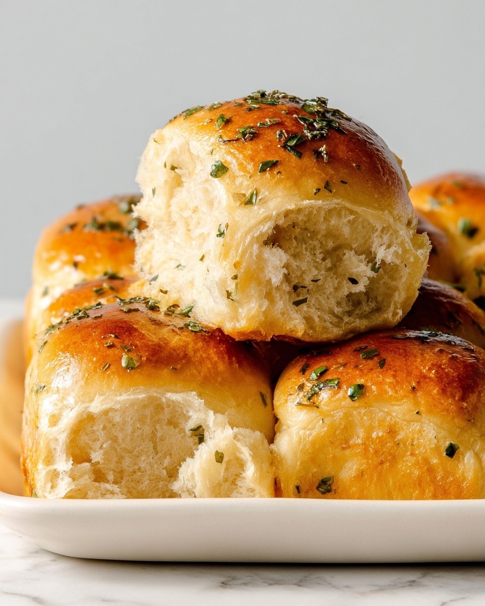 The image shows a close-up of soft dinner rolls stacked on a white plate with a white marbled texture underneath. There are two main layers: the bottom layer consists of several golden-brown rolls with a shiny, slightly crispy crust, sprinkled with small green herb pieces. On top, a single roll is placed in the center, showing its fluffy, light, and airy inside with a slightly torn texture, while its top is also golden and sprinkled with green herbs. The rolls look warm and freshly baked. photo taken with an iphone --ar 4:5 --v 7