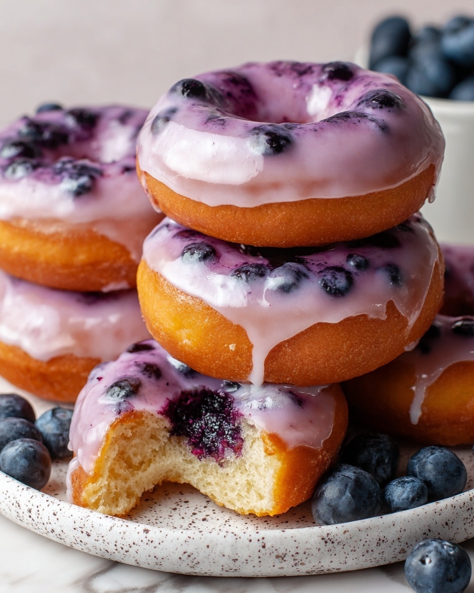 A group of four blueberry donuts stacked closely on a white speckled plate placed on a white marbled surface, each donut has a thick, glossy light purple glaze covering the top layer, with darker blueberry bits mixed into the glaze. The donuts are golden brown underneath the glaze, soft and fluffy in texture. One donut at the front has a bite taken out revealing the soft, airy inside with a touch of blueberry filling near the bite area. Fresh blueberries are scattered around the plate, adding a natural deep blue contrast to the pastel purple glaze and golden donuts. Photo taken with an iphone --ar 4:5 --v 7