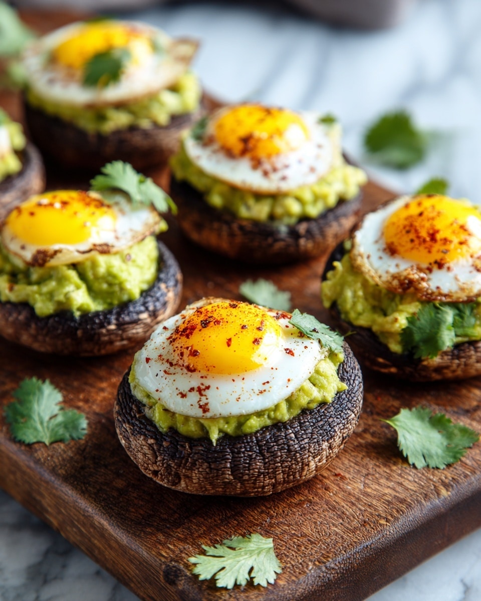 The image shows six pieces of stuffed mushrooms placed on a wooden board, each mushroom cap dark brown and textured as the base layer. On top of each mushroom is a thick, chunky layer of bright green mashed avocado. The top layer is a small sunny-side-up egg with a bright yellow yolk and white edges, sprinkled with black pepper and some red seasoning. Small green cilantro leaves are placed both on the eggs and scattered around the mushrooms on the board. The background surface is a white marbled texture, creating a soft contrast with the rustic wooden board. photo taken with an iphone --ar 4:5 --v 7