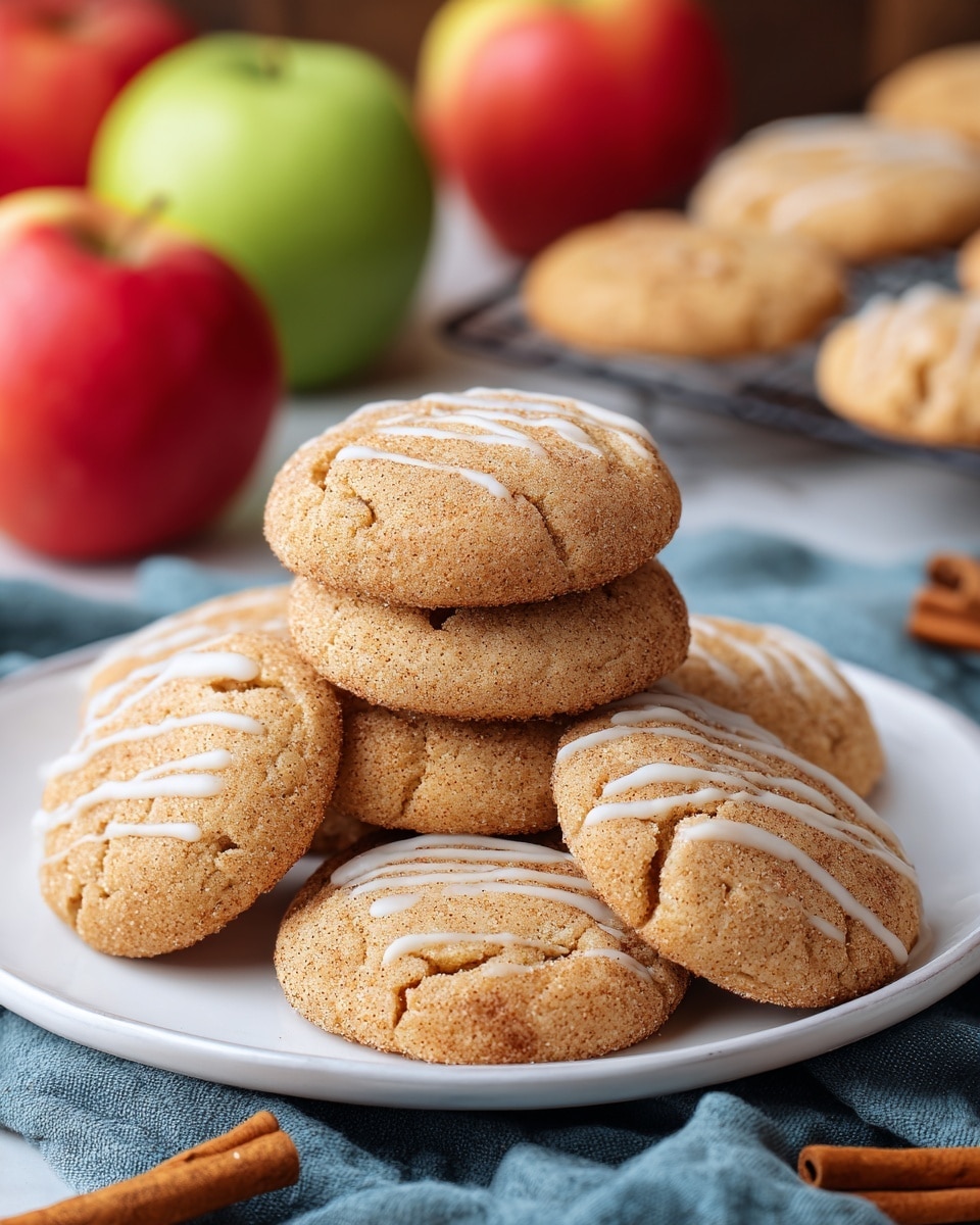 A white plate holds a stack of round, light brown cookies with a cracked surface, dusted lightly with cinnamon sugar, and five of them are arranged in a pile with one on top decorated with thin white icing lines. The plate is set on a blue cloth, and in the background, there are fresh red and green apples on a white marbled surface along with cinnamon sticks nearby. More cookies are out of focus on a cooling rack in the back, showing their soft and slightly chewy texture. Photo taken with an iphone --ar 4:5 --v 7