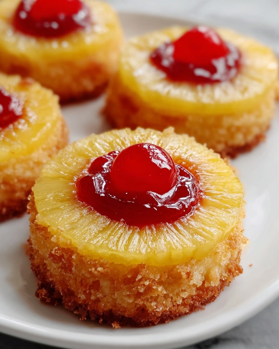 The image shows a close-up of small round cakes, each with three layers: a golden brown crumbly base, a bright yellow ring of pineapple slice in the middle, and a glossy red cherry sitting in a small pool of shiny red jam in the center, all arranged on a white plate placed on a white marbled textured surface. photo taken with an iphone --ar 4:5 --v 7