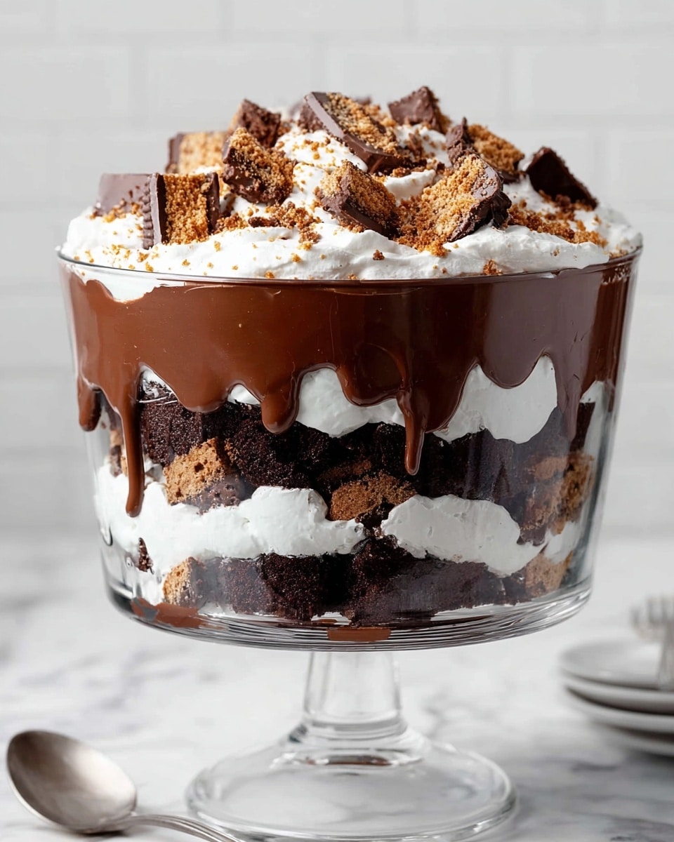 A clear glass trifle bowl stands on a stem, filled with multiple layers of dessert. The bottom layer is dark, moist chocolate cake, topped with a thick, smooth dark chocolate pudding layer. Above this pudding is a layer of fluffy white whipped cream, followed by another layer of chocolate cake chunks. On top of the cake, there is more chocolate pudding, thicker than the first layer, dripping slightly down the sides of the bowl. The top layer is a generous amount of whipped cream, garnished with crumbled cookie crumbs and chunks of chocolate candy pieces. The bowl is placed on a surface with a white marbled texture, with a blurred white background. photo taken with an iphone --ar 4:5 --v 7