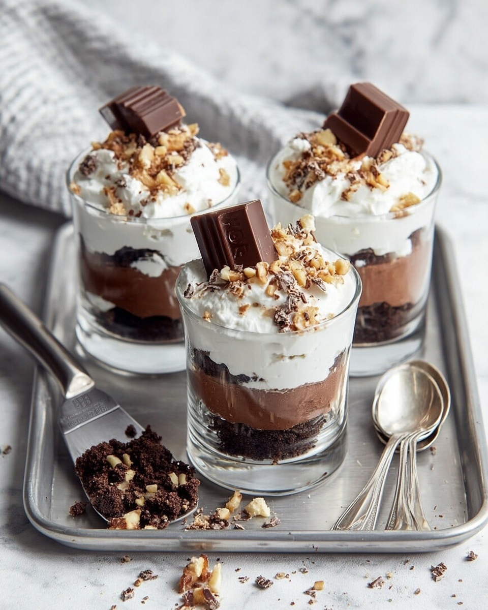 Three dessert glasses are placed on a metal tray over a white marbled textured surface. Each glass has three layers: a bottom layer of dark brown cake crumbs, a middle layer of smooth chocolate mousse, and a top layer of fluffy white whipped cream. The whipped cream is sprinkled with crushed pieces of chocolate and nuts, and each glass is topped with a square of solid chocolate. To the side on the tray, there are three shiny silver spoons. A metal cake server with some chocolate crumbs is also on the white marbled surface next to the tray. Photo taken with an iphone --ar 4:5 --v 7