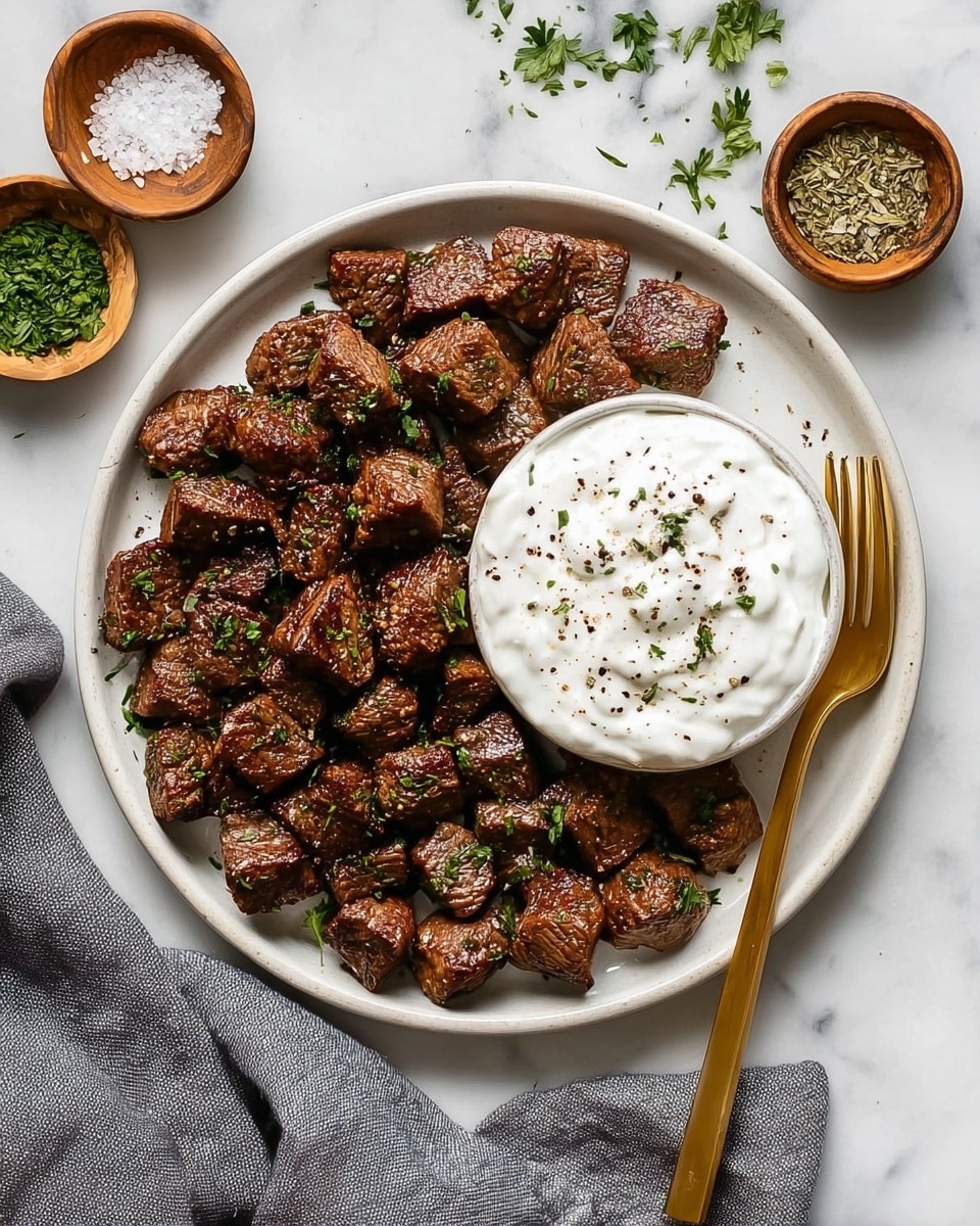 The image shows a white round plate with two layers: the first layer is made of many small, well-cooked, browned meat cubes sprinkled with finely chopped green herbs, arranged on the left side of the plate. The second layer is a small white bowl filled with thick white sauce topped with black pepper and small green herb bits, placed on the right side of the plate overlapping the meat slightly. A gold fork rests diagonally on the bottom right side of the plate, with its handle extending toward the bottom edge. The plate is set on a white marbled surface with a grey cloth napkin near the fork, and three small wooden bowls containing herbs and salt are visible above the plate. photo taken with an iphone --ar 4:5 --v 7