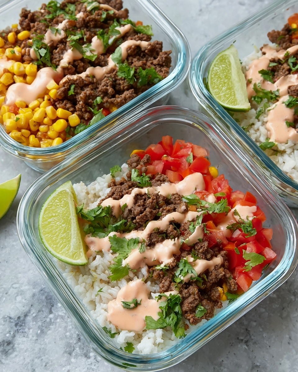 The image shows three clear glass meal prep containers, each filled with layers of food arranged neatly. At the bottom, there is a layer of cooked white rice, topped with seasoned ground beef that is dark brown and crumbly. On one side of the beef, there are diced red tomatoes, and on the other side, a small amount of bright yellow corn kernels. Green chopped cilantro leaves are sprinkled on top, adding a fresh touch. Light pink sauce is drizzled over the ingredients in each container, and a wedge of lime is placed in one of the containers. The containers are set on a white marbled textured surface. Photo taken with an iphone --ar 4:5 --v 7