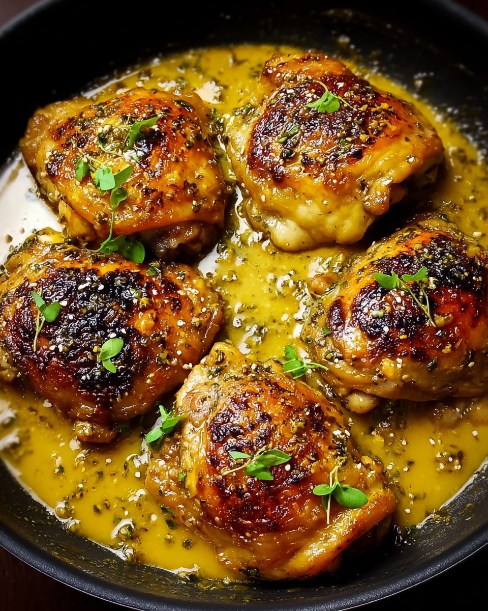 Four golden-brown chicken thighs sit in a black pan filled with a thick, yellow sauce that has visible herbs and spices mixed in. The chicken skin is crispy with a few charred edges, and each piece is sprinkled with small green herb leaves and coarse salt. The sauce looks glossy and slightly oily, spreading evenly around the chicken pieces. Photo taken with an iphone --ar 4:5 --v 7